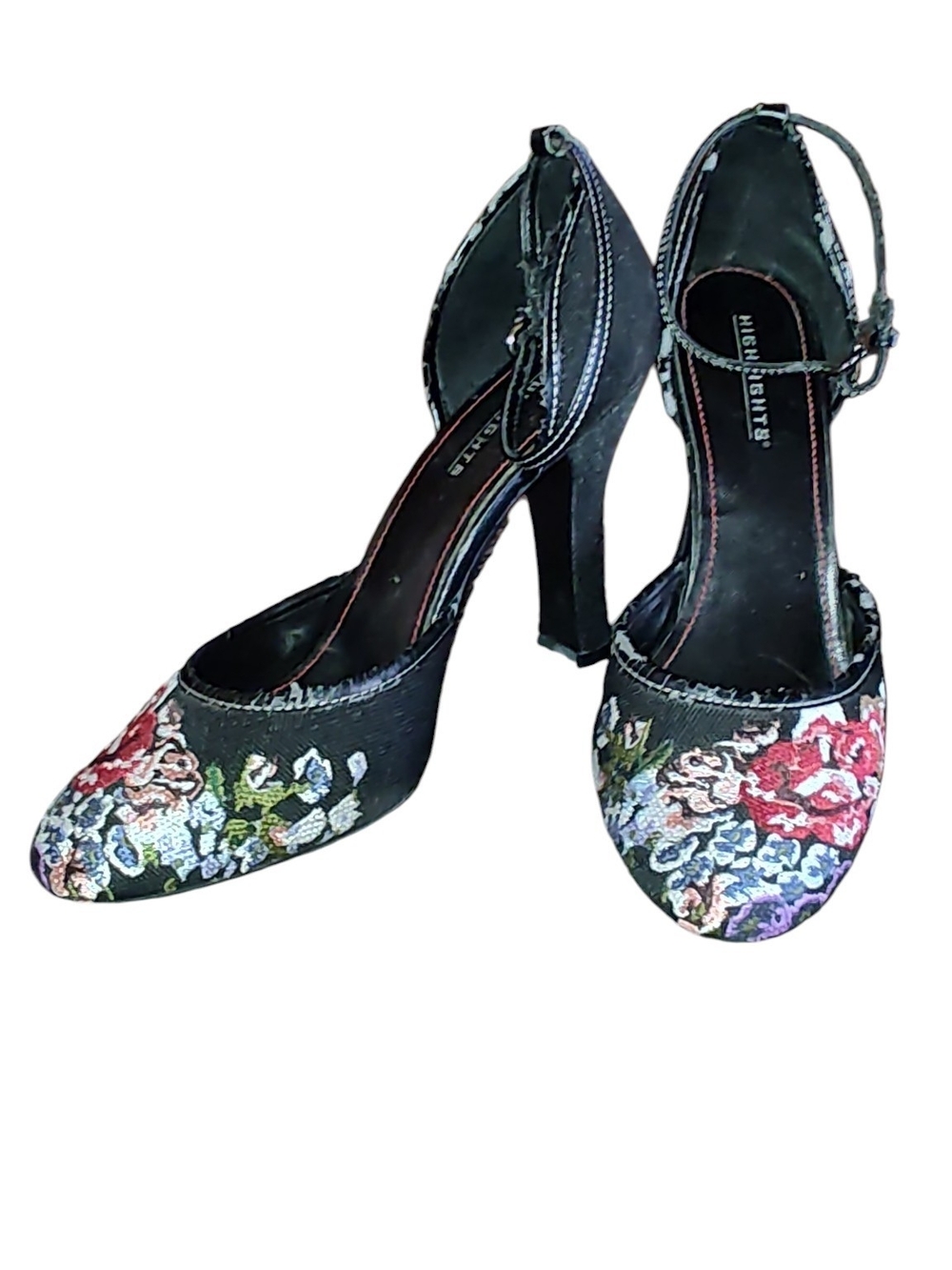 Vintage Floral Embroidered Needle Point Ankle-Strap High Heeled Pumps Size 7.5